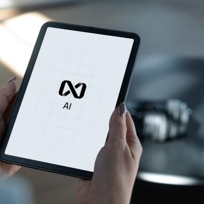 Hands holding a tablet displaying ai logo